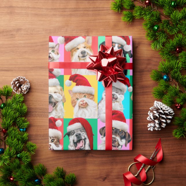 Hunde und Katzen mit Santa Bart Geschenkpapier (Feiertagsgeschenk)
