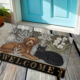 Hunde und schwarze Katze im Art Nuovo Winter / Gol Fußmatte