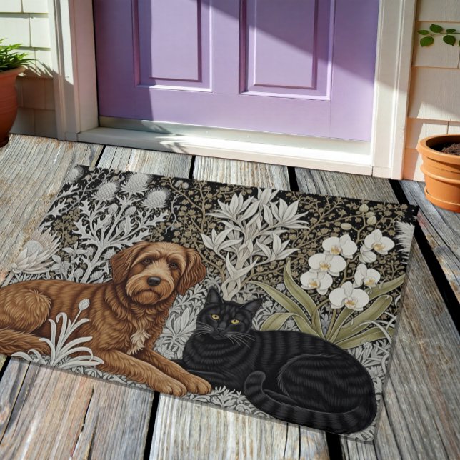 Hunde und schwarze Katze im Blumenmuseum Nuovo Win Fußmatte (Von Creator hochgeladen)