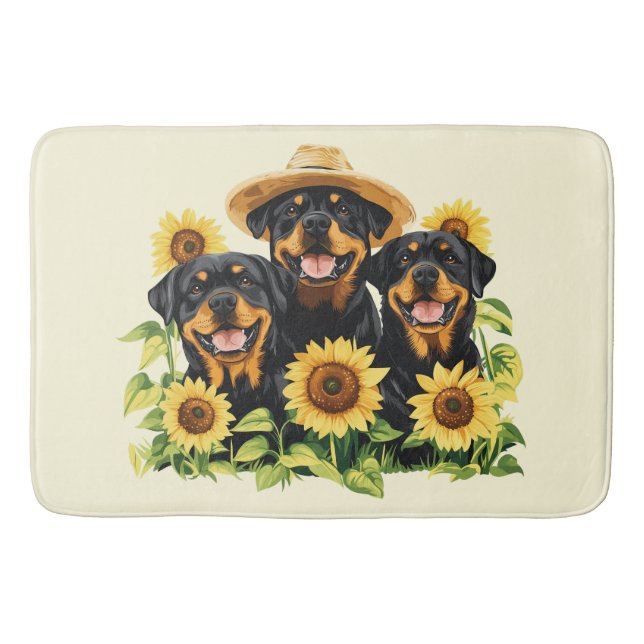 Hunde von Rottweiler, umgeben von Sonnenblumen Badematte (Vorderseite)