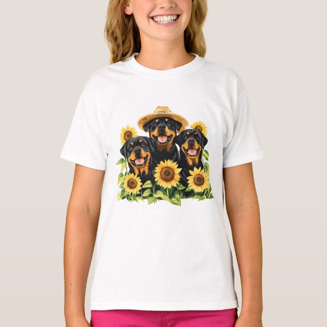 Hunde von Rottweiler, umgeben von Sonnenblumen T-Shirt (Vorderseite)