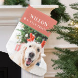 Hunde Weihnachten Foto Modernes Kleiner Weihnachtsstrumpf<br><div class="desc">Moderner Weihnachtsweihnachtsgeburten mit dem beliebten Foto Ihres Pelzbabys,  dem Namen "Leckerei des Weihnachtsmannes" in modernen Serifenschriften,  die festliche rote Untergründe übersetzen.</div>