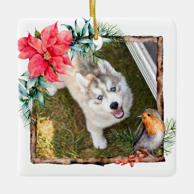 Hunde Weihnachts-Foto Keramikornament (Vorderseite)