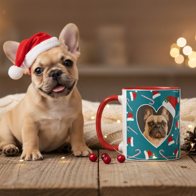 Hunde Weihnachts-Foto Weihnachtsmannmütze Aquamari Tasse (A fun and festive coffee mug with space for your pup's and name (or yours) Happy Howlidays!)