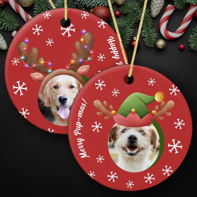 Hunde Weihnachts-Fotos mit Elf Rentier Antler Hats Keramik Ornament (Von Creator hochgeladen)