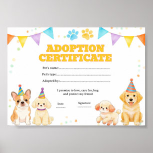 Hunde-Welpen Adoptieren Sie ein Haustier-Zertifika Poster