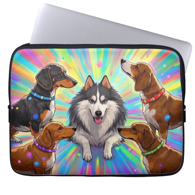 Hunde Welpen mit Regenbogenuntergrund Laptopschutzhülle (Vorderseite)