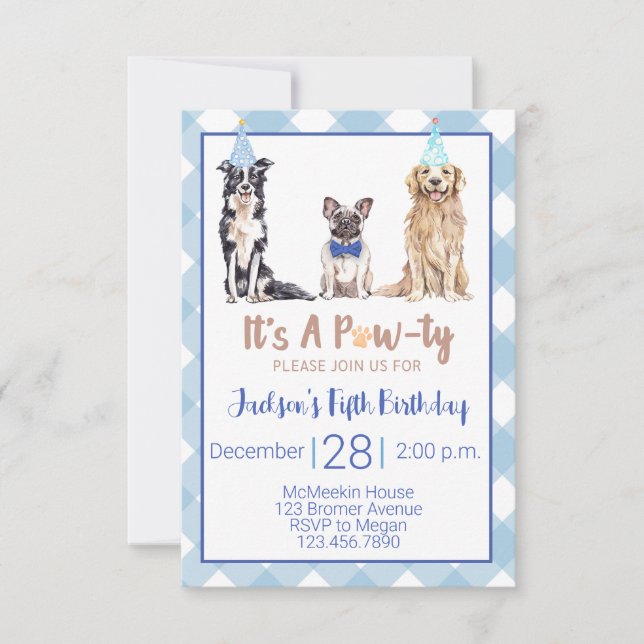 Hunde Welppy Birthday Party Einladung Blue Gingham (Vorderseite)