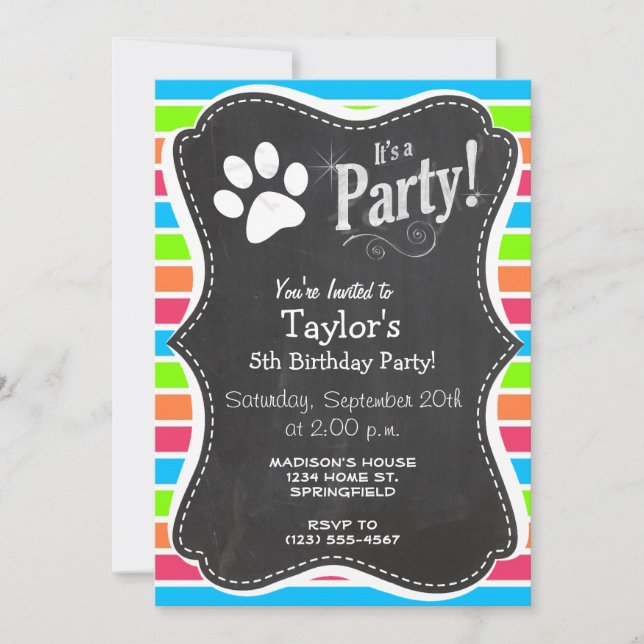 Hunde, Woof; Neon Orange Pink Blue Green Stripes Einladung (Vorderseite)