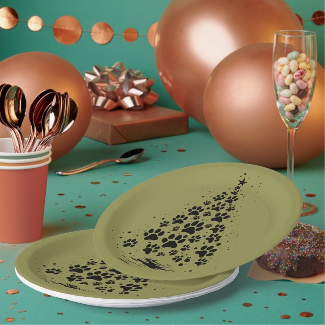 Hundefreund Pfotenabdruck Weihnachtsbaum 3 Pappteller (Multi)