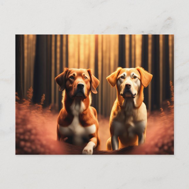 Hundefreunde posieren im Wald Postkarte (Vorderseite)