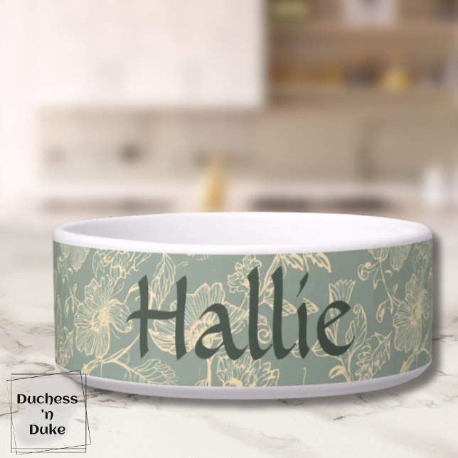 Hundefutterschale - Salbeigrün Botanisch, Personal Napf (Personalized Sage Green Botanical Pet Bowl on marble table top)