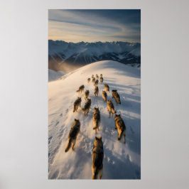 Hundegruppe, die auf der Schneeschuhpiste läuft Poster