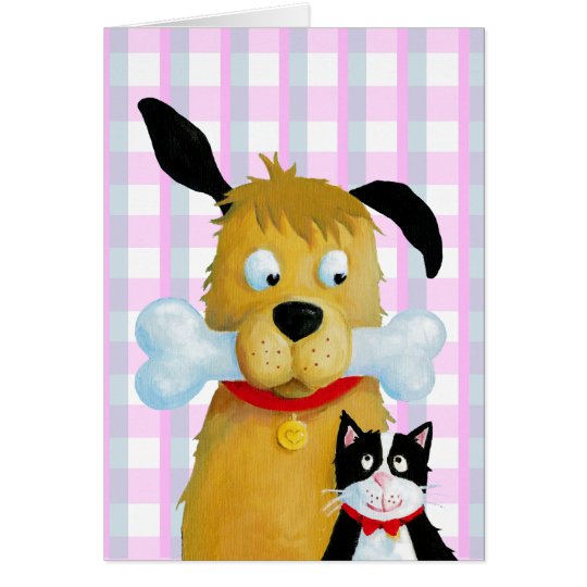 Hundeknochen u. -katze auf Tartan-Muster - Karte