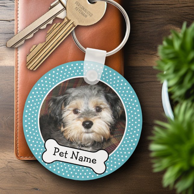 Hundeknochen und Blue Polka Dot Foto Rahmen Schlüsselanhänger (Personalized Keychain - Add Your Pet Dog Photo)