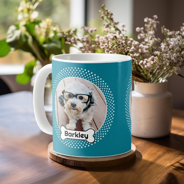Hundeknochen und Polka Dot Pet Foto Frame - blau Kaffeetasse (Personalized mug with a photo on each side - pet theme)