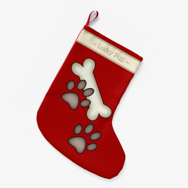 Hundeknochen und schlammiger Tatzen-Druck Kleiner Weihnachtsstrumpf (Vorderansicht (hängend))