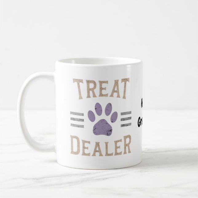 Hundeleckerchen-Händler Lustiges Humor-Design Perf Kaffeetasse (Links)
