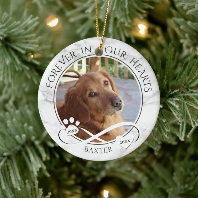 Hundemeldung für immer in unserem Herz-Marmor-Foto Keramik Ornament (Baum)