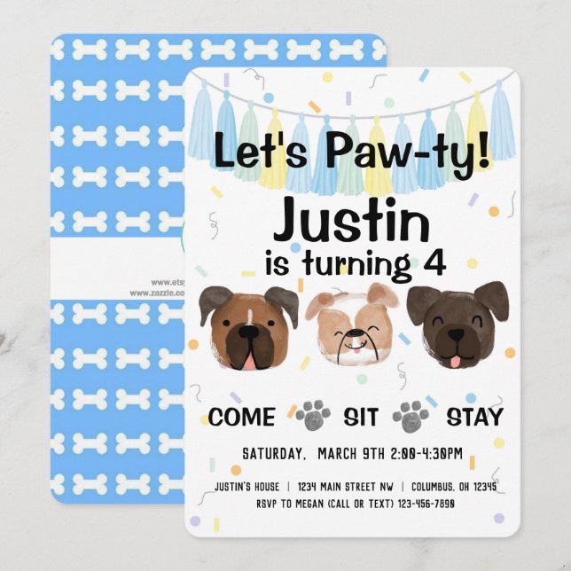 Hundeparty für Welpen, geschlechtsneutral oder Jun Einladung (Vorne/Hinten)