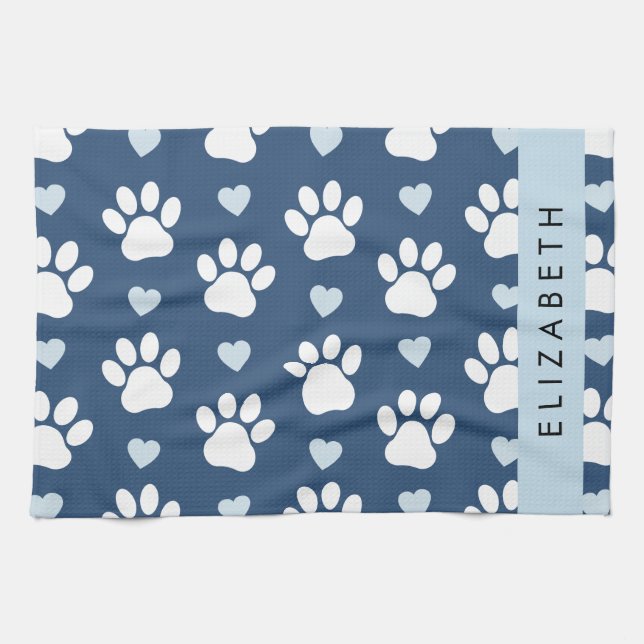 Hundepaws, weiße Paws, blaue Herzen, Ihr Name Geschirrtuch (Horizontal)