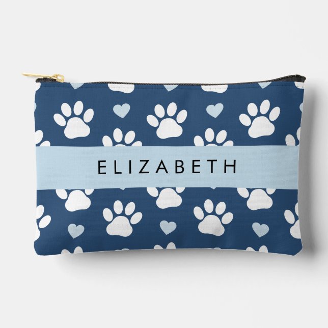 Hundepaws, weiße Paws, blaue Herzen, Ihr Name Zubehörtasche (Vorderseite)