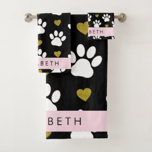 Hundepaws, weiße Paws, goldene Herzen, Ihr Name Badhandtuch Set
