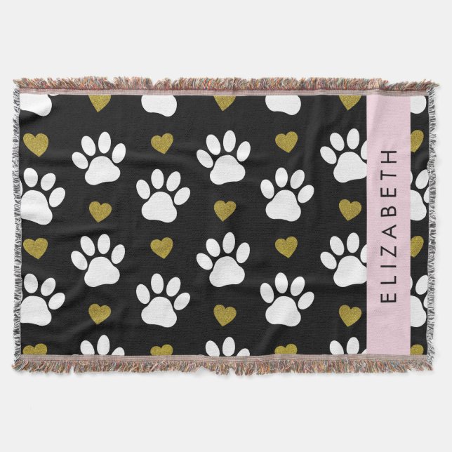 Hundepaws, weiße Paws, goldene Herzen, Ihr Name Decke (Vorderseite)