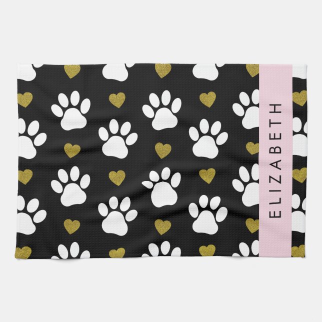 Hundepaws, weiße Paws, goldene Herzen, Ihr Name Geschirrtuch (Horizontal)