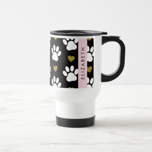 Hundepaws, weiße Paws, goldene Herzen, Ihr Name Reisebecher (Rechts)