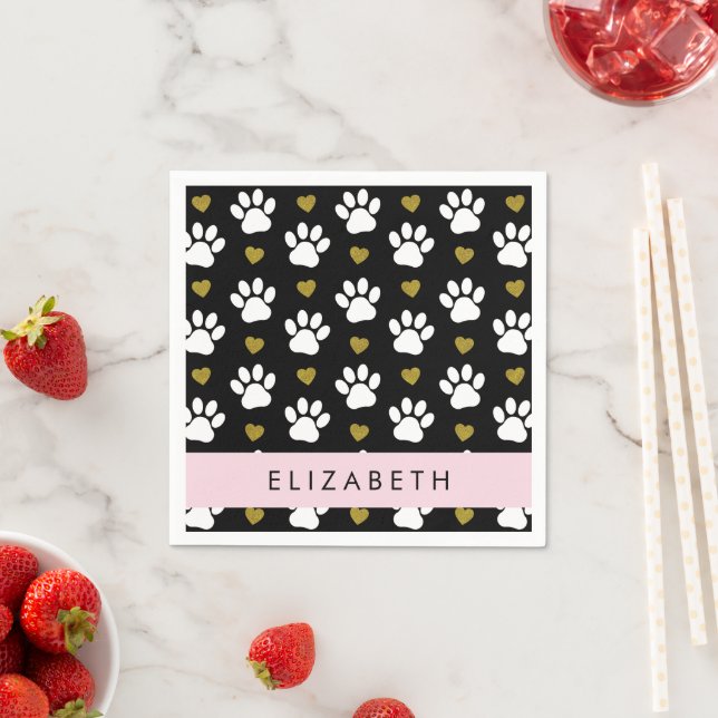 Hundepaws, weiße Paws, goldene Herzen, Ihr Name Serviette (Beispiel)