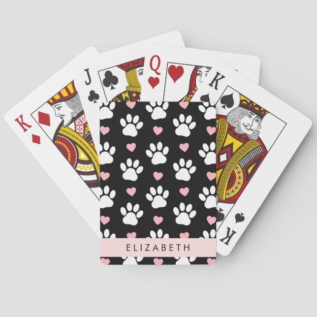 Hundepaws, weiße Paws, rosa Herzen, Ihr Name Spielkarten (Rückseite)