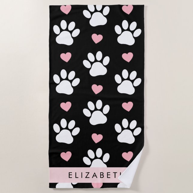 Hundepaws, weiße Paws, rosa Herzen, Ihr Name Strandtuch (Vorderseite)