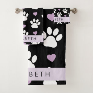 Hundepfähle, weiße Pfoten, Lilac-Herzen, Ihr Name Badhandtuch Set