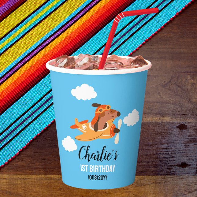 Hundepilotin Flug Flugzeug, Niedliche Kinder Blaue Pappbecher (Von Creator hochgeladen)