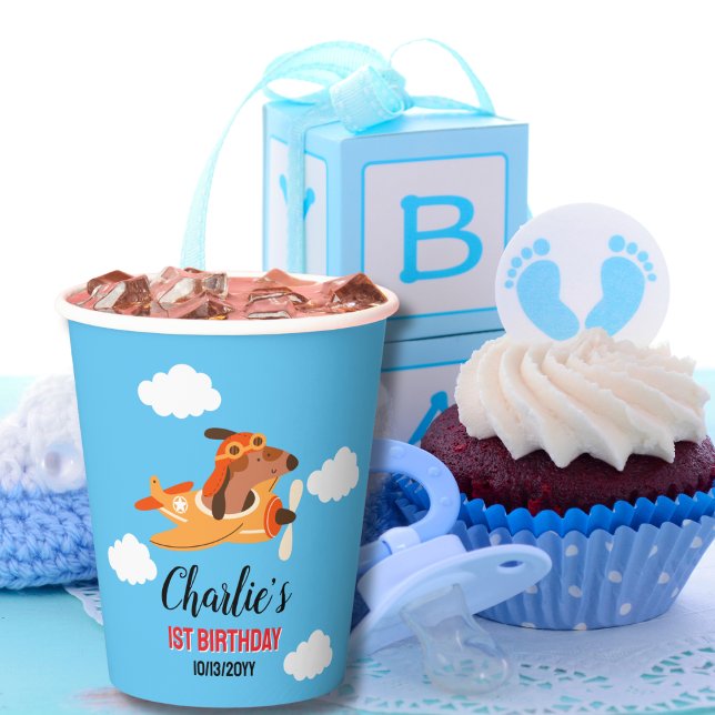 Hundepilotin Flug Flugzeug, Niedliche Kinder Blaue Pappbecher (Von Creator hochgeladen)