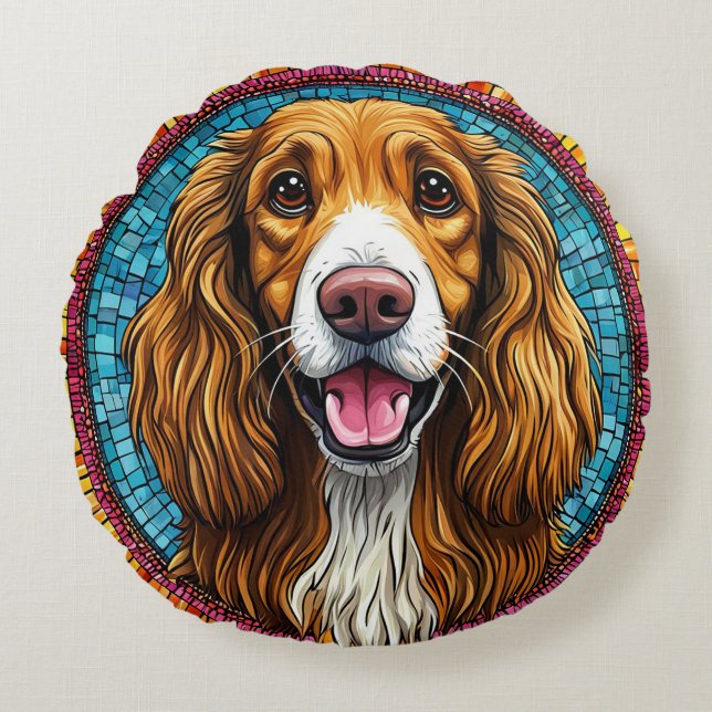 Hundeportrait mit mosaik Inspiriert Hintergrund Rundes Kissen (Vorderseite)