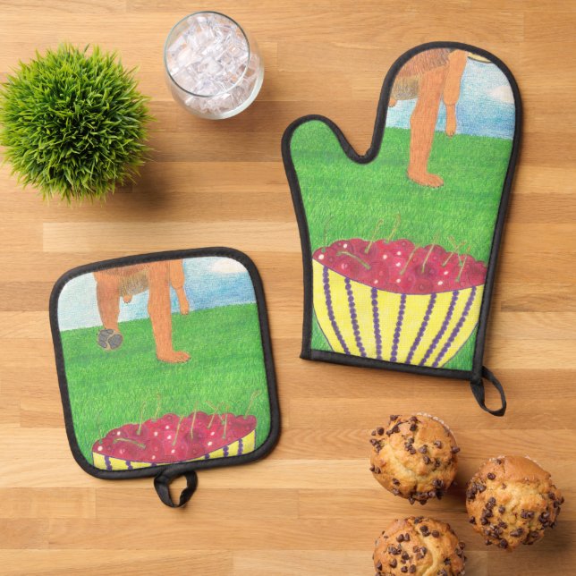 Hundepuhen und Kirsche Ofenhandschuh & Topflappen-Set (Oben Unten)