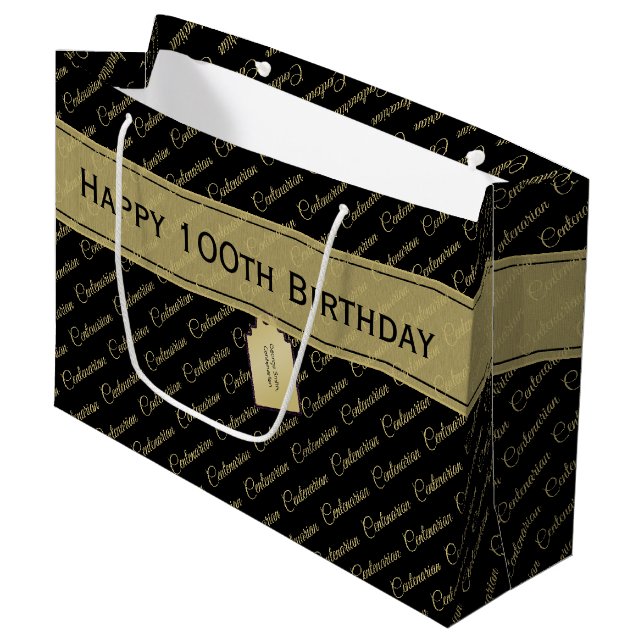 Hundertste Schwarz/Gold Typografie Muster - 100. Große Geschenktüte (Vorderseite Schrägansicht)