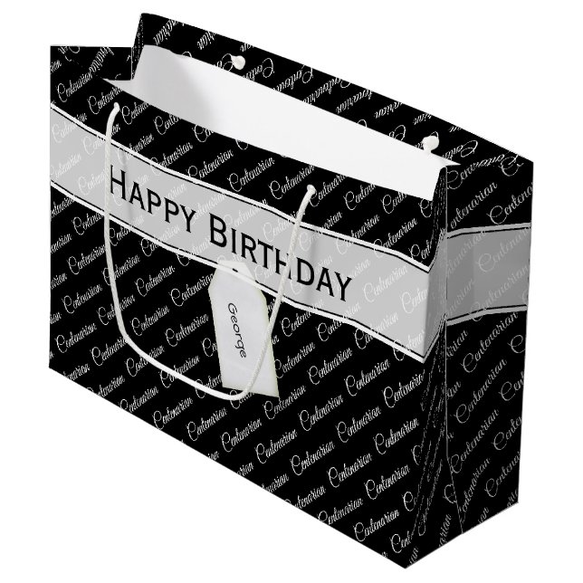 Hundertste Schwarz/Weiß Typografie Muster - 100. Große Geschenktüte (Vorderseite Schrägansicht)