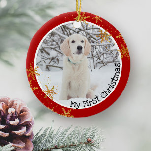 Hundes erstes Red Gold Snowflakes Foto Keramik Ornament