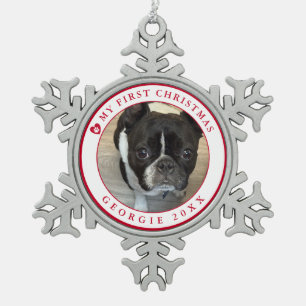 Hundes erstes Weihnachtsfest-Foto Schneeflocken Zinn-Ornament