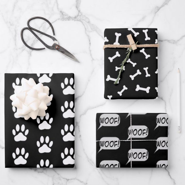 Hundeschlitten Knochen Hund liebt Schwarz-Weiß-Mus Geschenkpapier Set (Vorderseite)