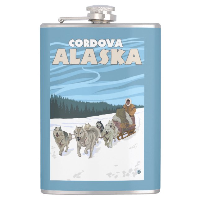 HundeSledding Szene - Cordova, Alaska Flachmann (Vorderseite)