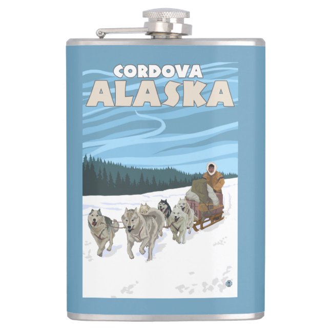 HundeSledding Szene - Cordova, Alaska Flachmann (Vorderseite)