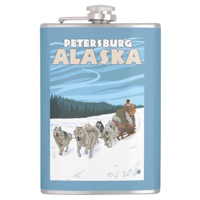 HundeSledding Szene - Petersburg, Alaska Flachmann (Vorderseite)