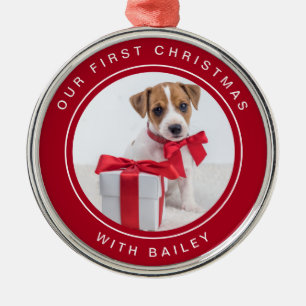 Hundeweihnacht Rot und Weiß mit Foto Ornament Aus Metall