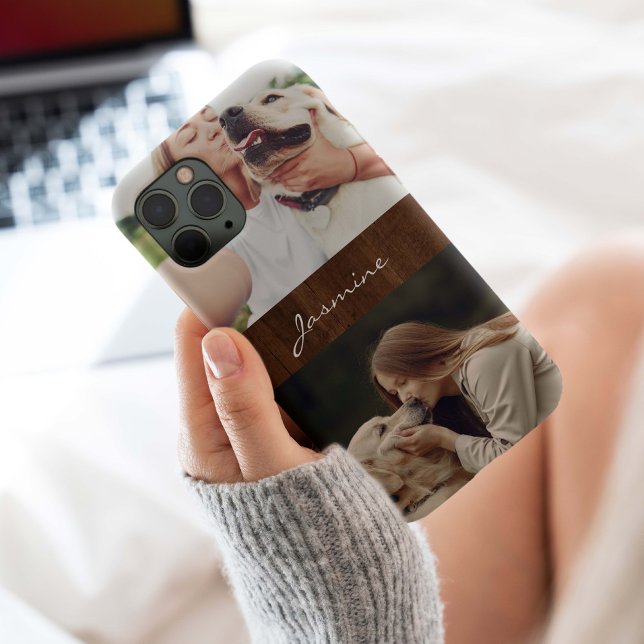 Hundfoto Collage Rustic Wood, Case-Mate iPhone Hülle (Pet photo collage monogram with rustic dark wood background. Keep your pet photos with you.)