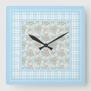 Hundrosenblüten und blaue Karos quadratische Wandu Wanduhr