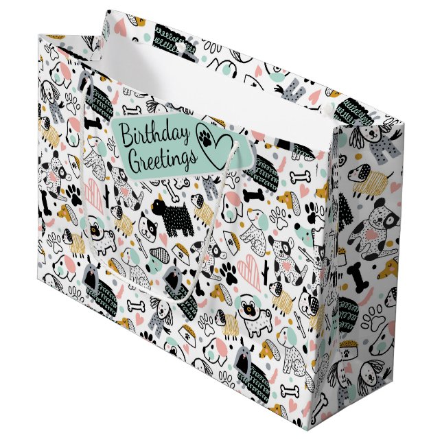 Hundshunde-Doodle-Kindernahtlose Muster Große Geschenktüte (Vorderseite Schrägansicht)